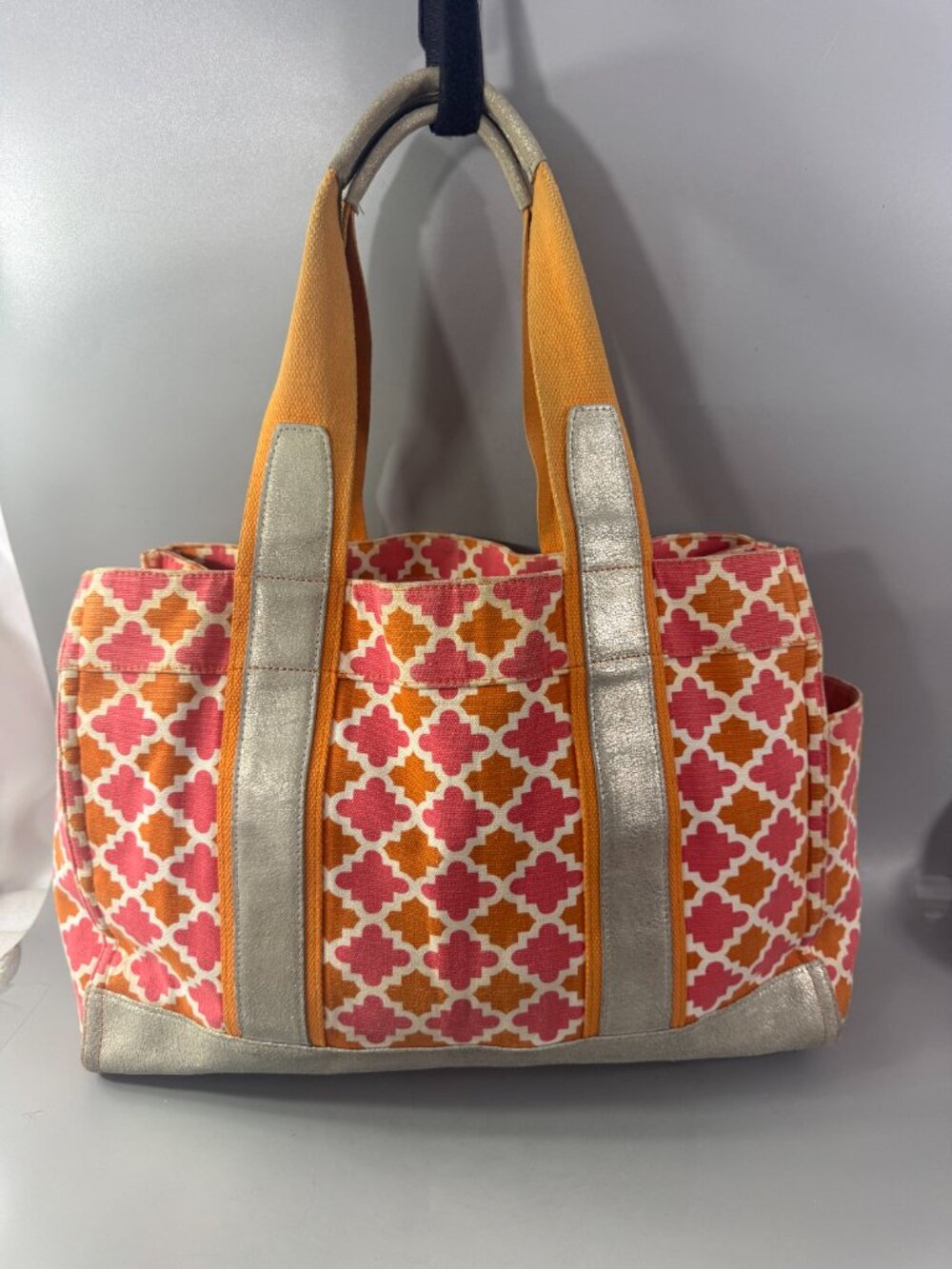 Tory Burch Orange/Pink Canvas w/Silver-tone Distressed Leather Large Tote Bag - Picture 6 of 15